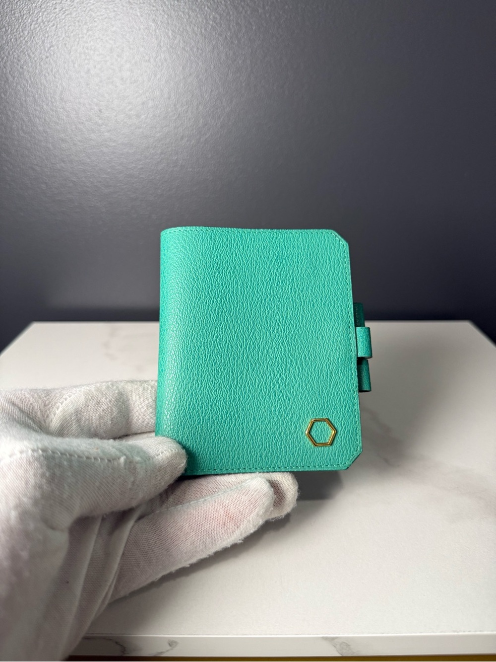 Dior Turquoise Leather Card & Card Holder with Gold Hex Accent